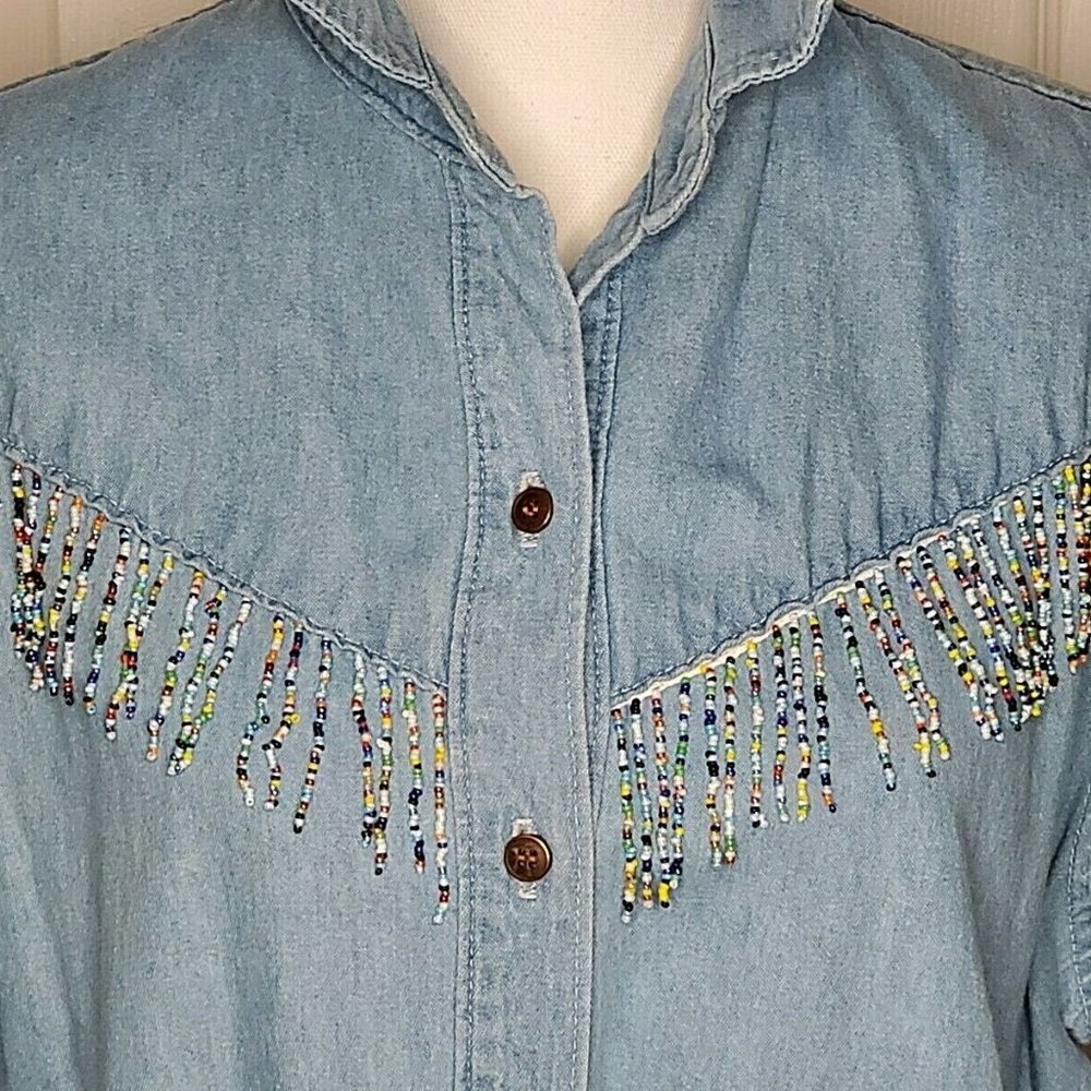 Vintage Beaded Denim Shirt Top Y2K Rockabilly Boho Western Yellowstone USA